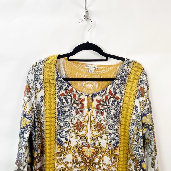 World Unity XXL Plus Womens Yellow Boho Print Multicolor Bell Sleeve Top - Picture 2 of 8